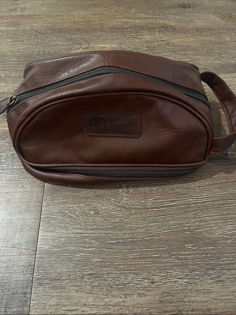 Original Penguin Brown Leather Toiletry Bag with Carry Handle